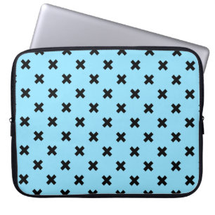 Black cross stitches on baby blue laptop sleeve