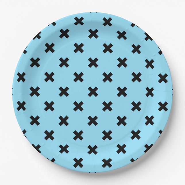 Black cross stitches on baby blue paper plates (Front)