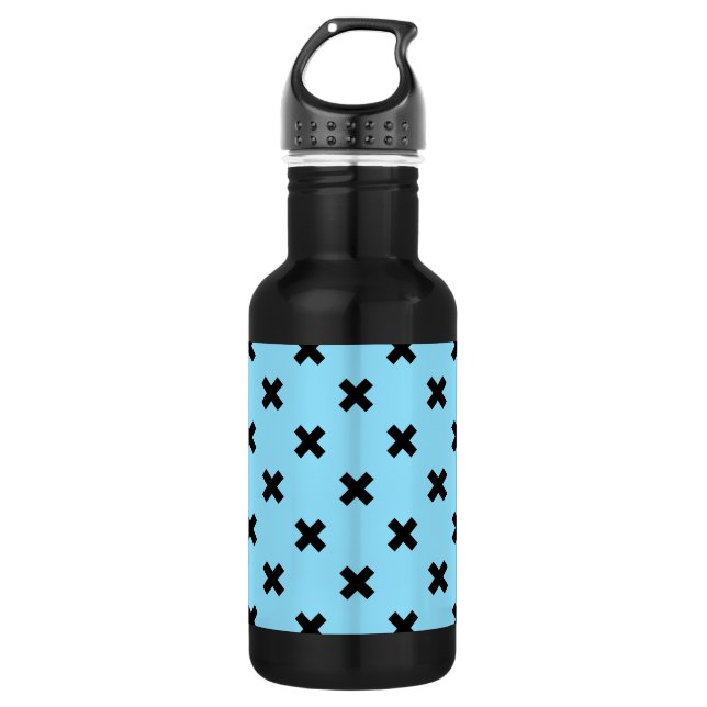 Black cross stitches on baby blue stainless steel water bottle (Front)