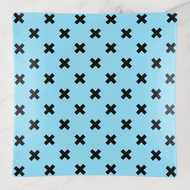 Black cross stitches on baby blue trinket tray (Front)