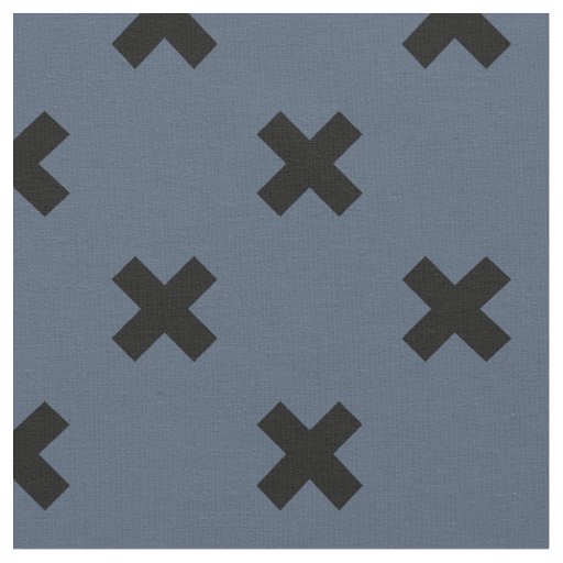 Black cross stitches on blue-gray fabric