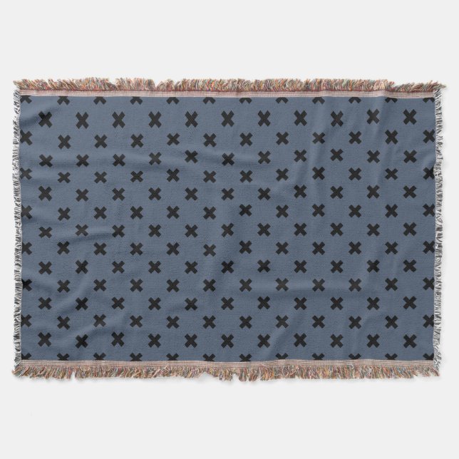 Black cross stitches on blue-gray throw blanket (Front)