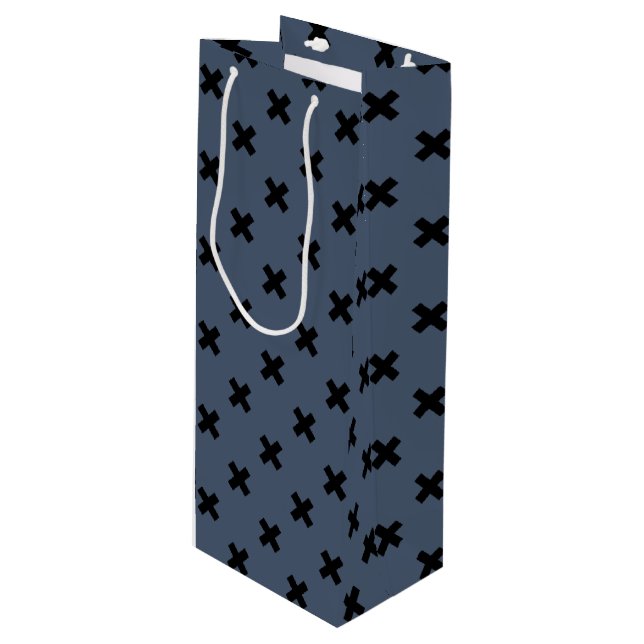 Black cross stitches on blue-gray wine gift bag (Front Angled)