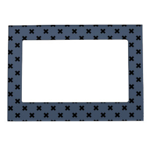 Black cross stitches on blue-grey magnetic frame