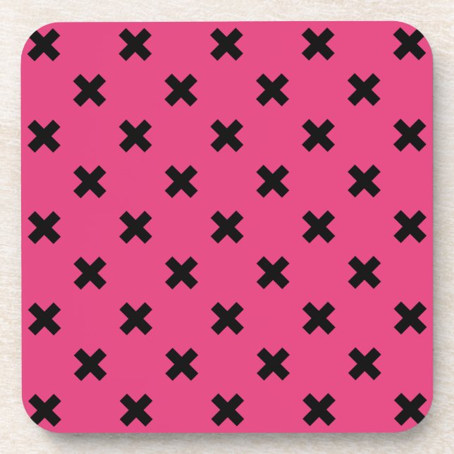 Black cross stitches on fuchsia beverage coaster (Front)