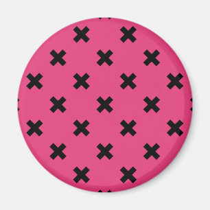 Black cross stitches on fuchsia magnet