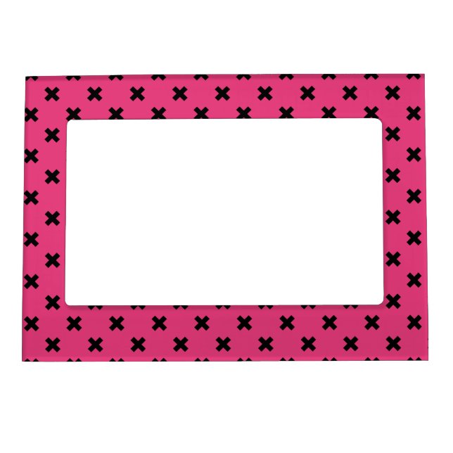 Black cross stitches on fuchsia magnetic frame (Front)