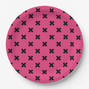 Black cross stitches on fuchsia paper plates