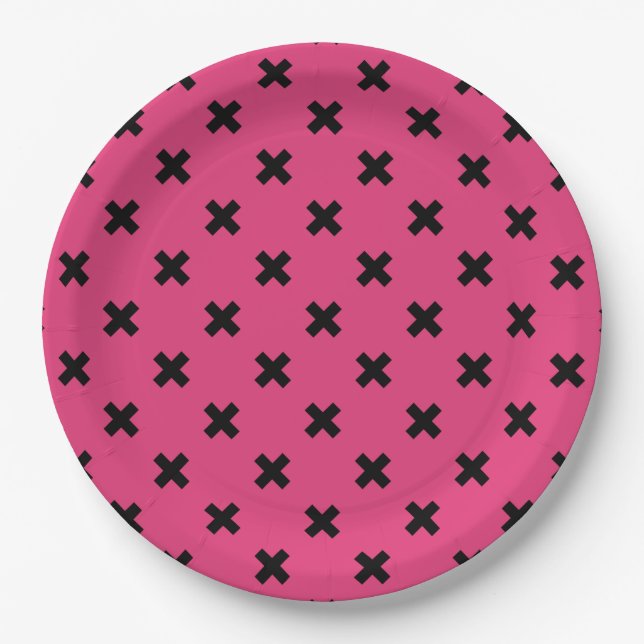 Black cross stitches on fuchsia paper plates (Front)