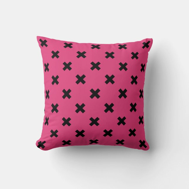 Black cross stitches on fuchsia throw pillow (Front)