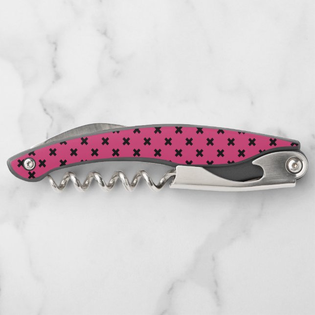Black cross stitches on fuchsia waiter's corkscrew (Back)