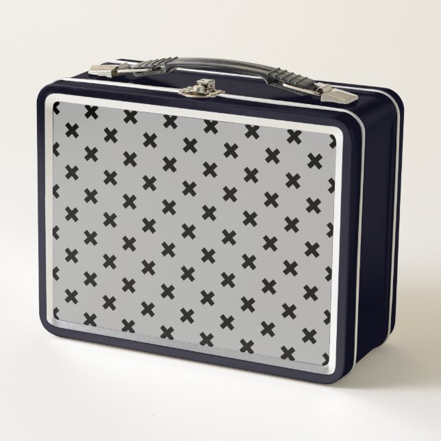 Black cross stitches on gray metal lunch box (Front)