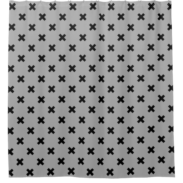 Black cross stitches on gray shower curtain (Front)