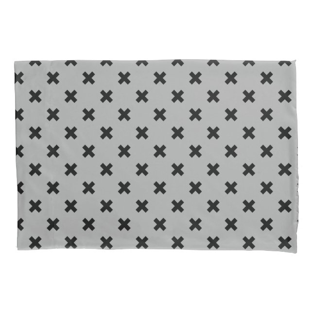 Black cross stitches on grey pillow case (Front)