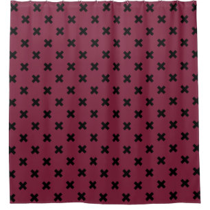 Black cross stitches on mulberry shower curtain