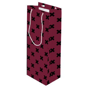 Black cross stitches on mulberry wine gift bag