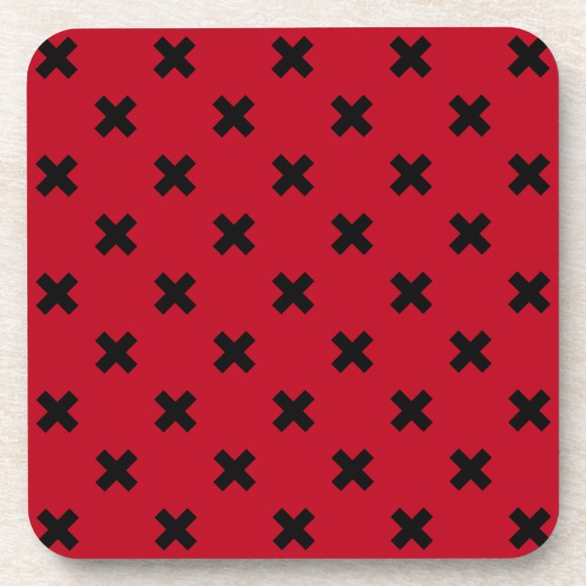 Black cross stitches on red beverage coaster (Front)