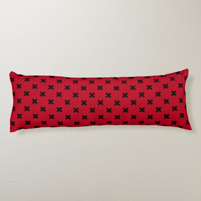 Black cross stitches on red body pillow (Back)