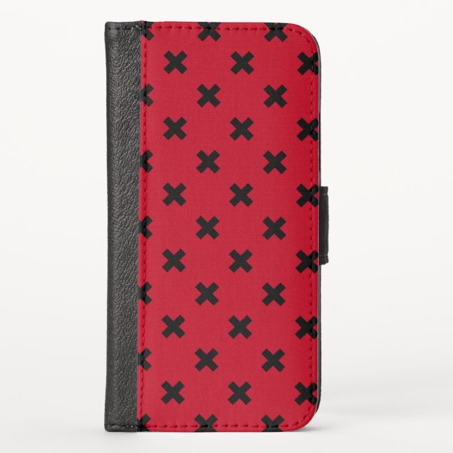 Black cross stitches on red iPhone wallet case (Front)