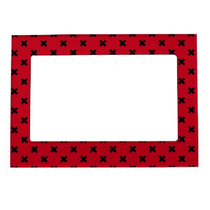 Black cross stitches on red magnetic frame