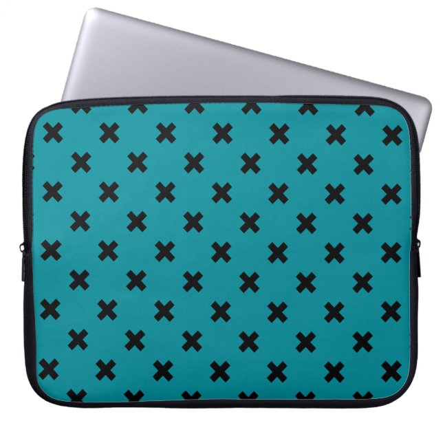 Black cross stitches on teal laptop sleeve (Front)