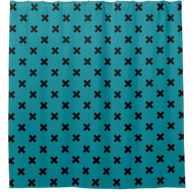 Black cross stitches on teal shower curtain (Front)