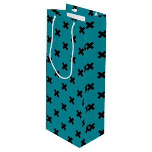 Black cross stitches on teal wine gift bag