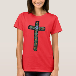 Black Cross with Flowers T-Shirt