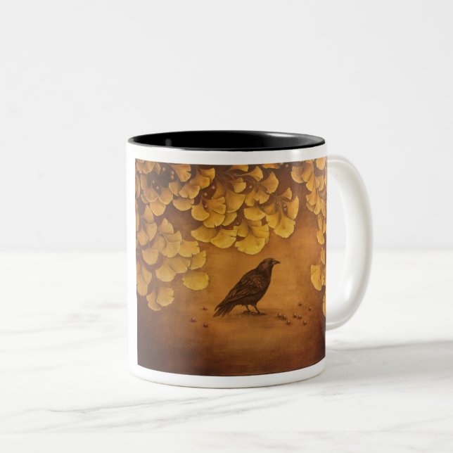 Black Crow and Ginkgo Leaves. Two-Tone Coffee Mug (Front Right)