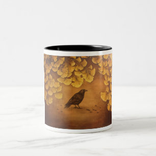 Black Crow and Ginkgo Leaves. Two-Tone Coffee Mug