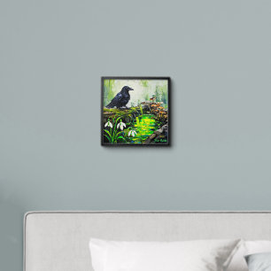 Black Crow and Glowing Forest Stream Oil Painting Peel And Stick Photo Tile