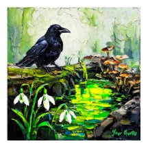 Black Crow and Glowing Forest Stream Oil Painting