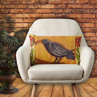 Black Crow Art Deco Roses Folk Art Lumbar Pillow