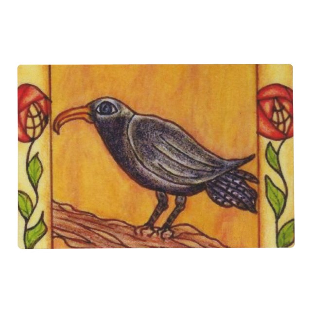 Black Crow Art Deco Roses Folk Art Placemat (Front)