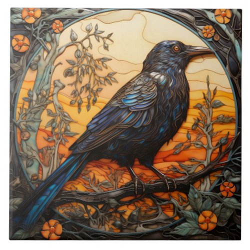 Black Crow Art nouveau Stained Glass Ceramic Tile
