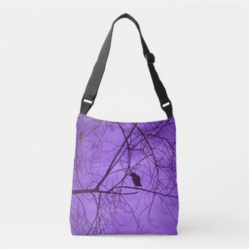 Black Crow Barren Tree Branch Haunting Purple Sky Crossbody Bag