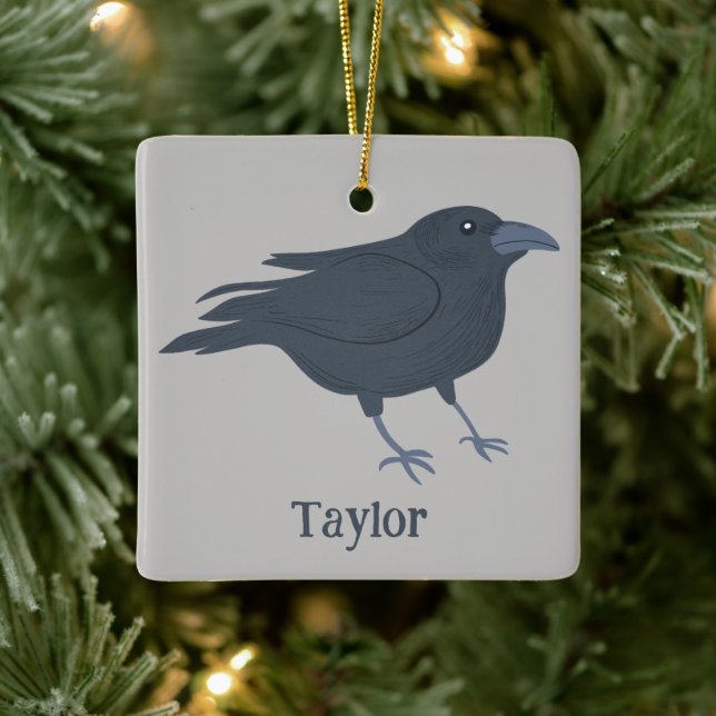 Black Crow Bird Illustration Personalized Ceramic Ornament (Tree)