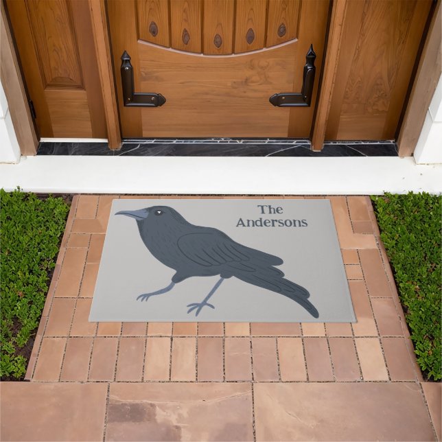 Black Crow Bird Illustration Personalized Doormat (Outdoor)