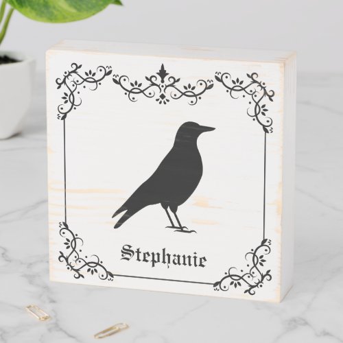 Black Crow Bird Silhouette And Decorative Swirls Wooden Box Sign