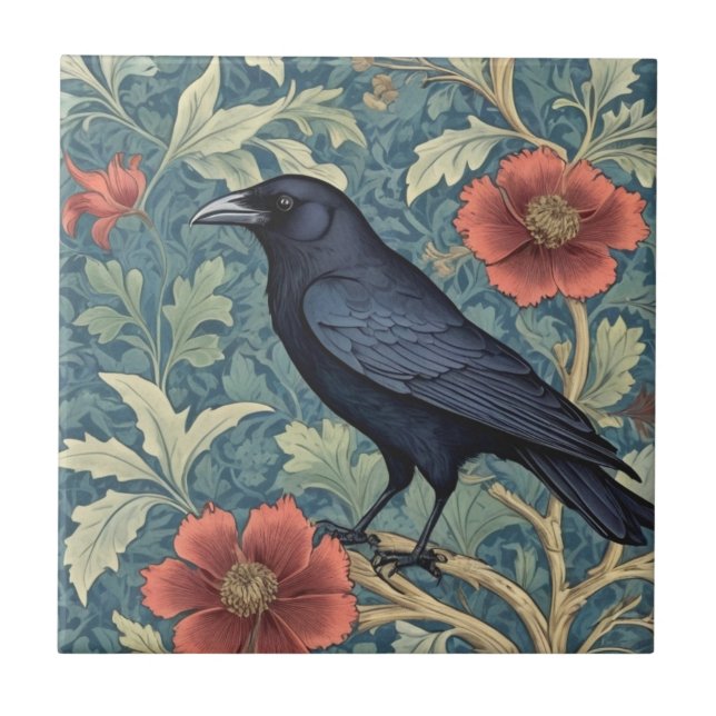 Black Crow Bird William Morris style Left facing Ceramic Tile (Front)