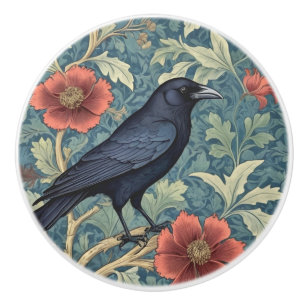 Black Crow Bird William Morris style Right facing Ceramic Knob