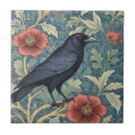 Black Crow Bird William Morris style Right facing Ceramic Tile<br><div class="desc">"classy classic art nouveau",  "black carrion crow Bird",  "sage green woodland animals",  "william morris ceramic tile",  "leafy dark navy blue raven",  "stylish red forest tree leaves",  "right facing vintage birds",  "wildlife garden animal on branch",  "nature floral flower botanical",  "leaf flowers traditional antique"</div>