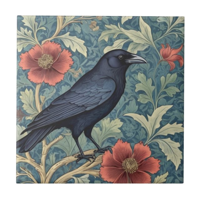 Black Crow Bird William Morris style Right facing Ceramic Tile (Front)