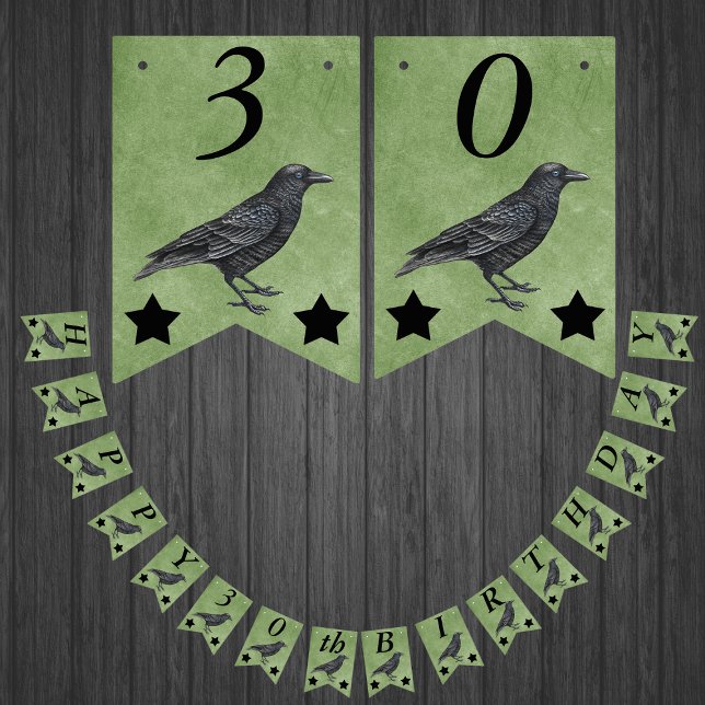 Black Crow Black Stars on Grunge Green Birthday Bunting Flags (Standing black crow with two black stars on Gothic themed happy birthday bunting flag decoration.)