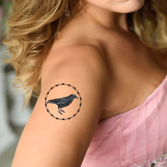 Black Crow blue eye Circle Black Barbed Wire Temporary Tattoos (Gothic black crow blue eye inside circle black barbed wire on temporary tattoo.)