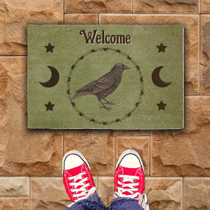 Black Crow Circle Barbed Wire Starts Moon Green Fiber Doormat