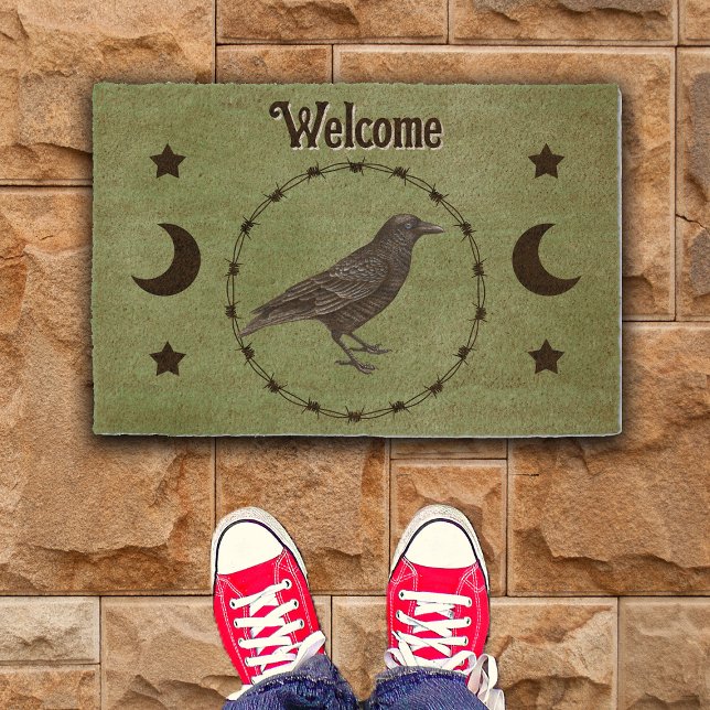Black Crow Circle Barbed Wire Starts Moon Green Fiber Doormat (Black crow in barbed wire circle moon stars on green fiber outdoor welcome mat.)