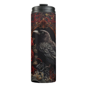 Black Crow Dark Gothic Beauty Red Roses Raven Bird Thermal Tumbler