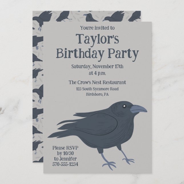 Black Crow Light Gray Custom Party Invitation (Front/Back)