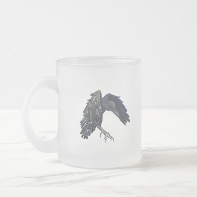 Black Crow Master of Time Illustration Frosted Glass Coffee Mug (Left)